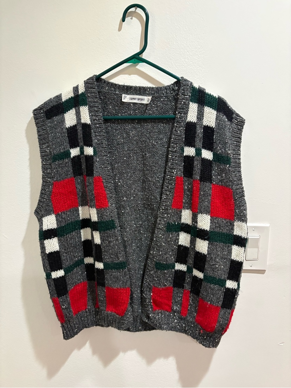 Vintage 90s Esprit Sport Knit Plaid Vest Sweater, no buttons, size M